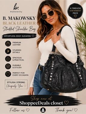 B. Makowsky Black Leather Studded Shoulder Bag